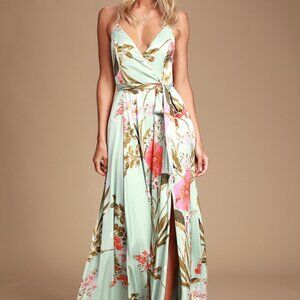 Lulus Still The One Sage Green Floral Print Satin Maxi Dress - Size XS